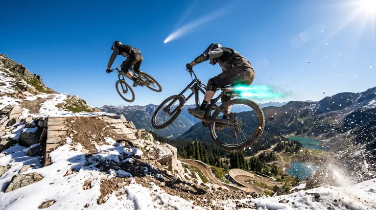 Two downhill mountain bikes performing mid-air trick combos with turquoise boost flames above a steep snow-and-granite alpine trail.