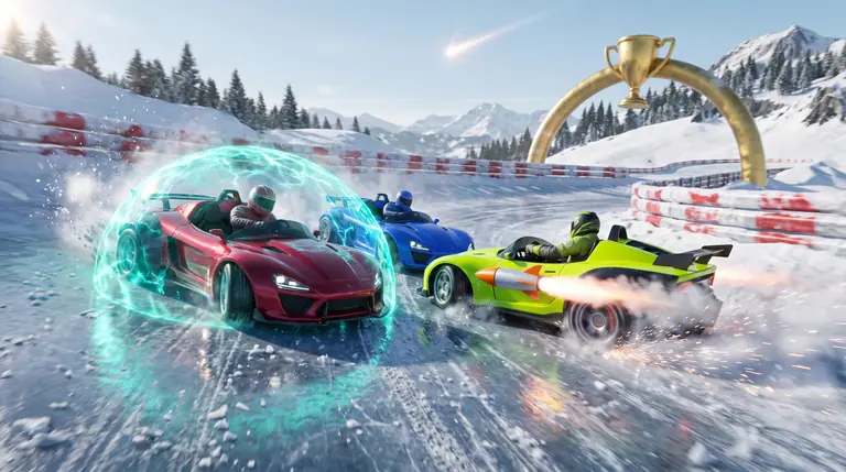 Three colourful racing karts drifting around an icy hairpin corner with a glowing turquoise shield and an airborne rocket power-up.
