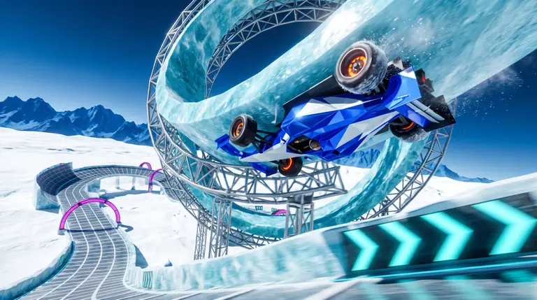 A faceted low-poly formula race car driving upside-down through a giant translucent cyan ice loop above a modular alpine race circuit.