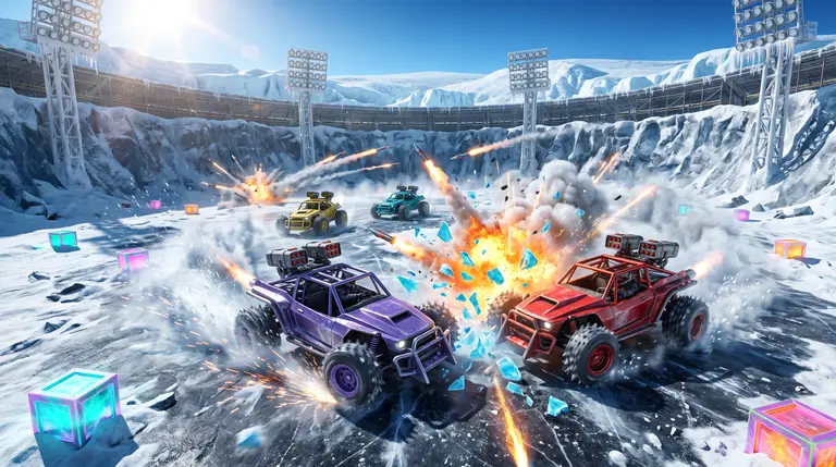 Four roll-caged battle karts swerving through rocket explosions and glowing item crates inside a sunlit glacier bowl arena.