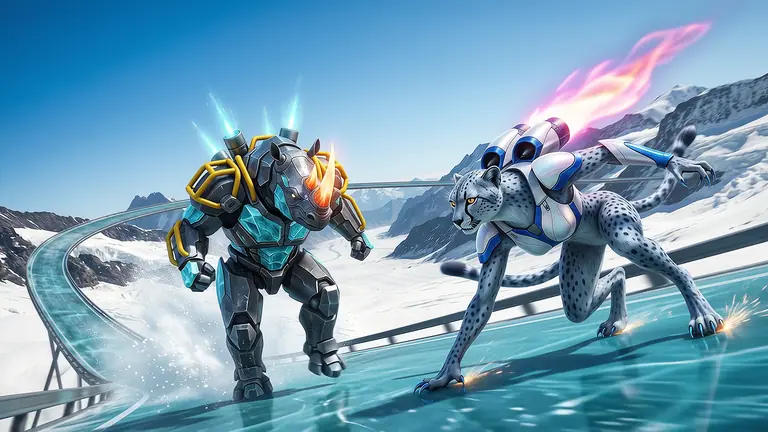 Kometa Vex and Frostarion powersliding side by side down a translucent cyan comet-ice speedway high above sunlit alpine glaciers under a bright blue sky.