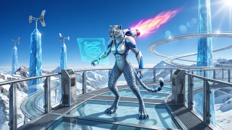 Kometa Vex standing on a glass-and-titanium observation deck above the speedway, projecting a glowing cyan 3D hologram of a corkscrew track.
